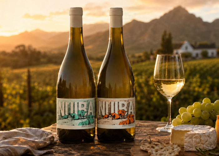 Two Nuiba First Post bottles with white wine, grapes and cheese at sunset