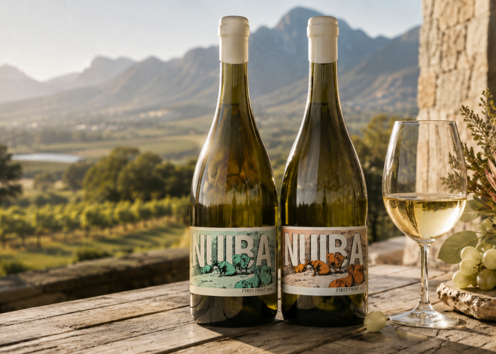 Two bottles of Nuiba First Post with a glass of white wine overlooking mountains