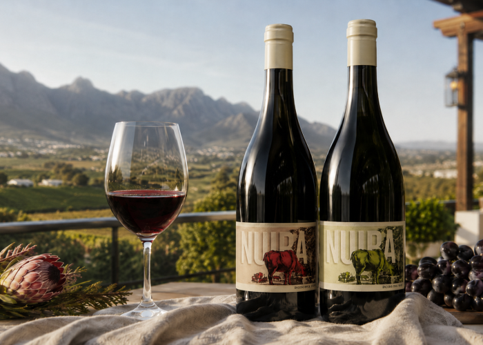 Two Nuiba red wine bottles with a glass of wine, grapes and a protea overlooking mountains