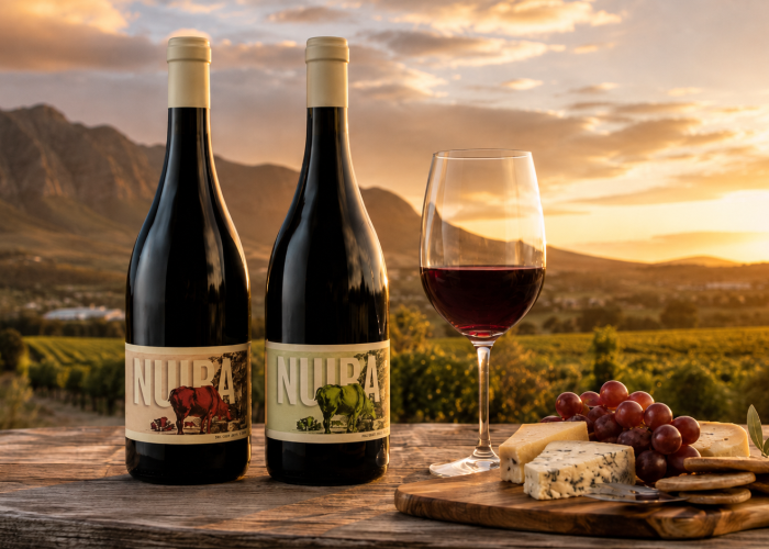 Nuiba Second Post Shiraz bottles beside red wine, cheese and grapes at sunset