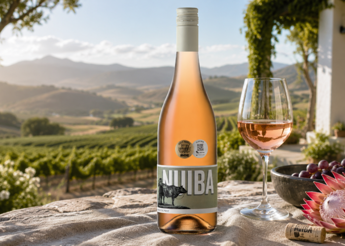 Nuiba Fourth Post rosé bottle and glass beside grapes and a protea overlooking a vineyard
