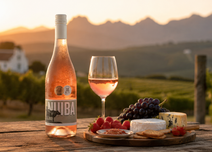 Nuiba Fourth Post rosé bottle and glass with strawberries, grapes and cheese at sunset
